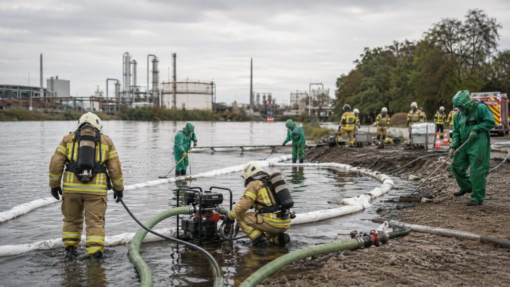 Feuerwehrleute errichten mit Ölsperren und Pumpen eine Ölwehr an einem Gewässer
