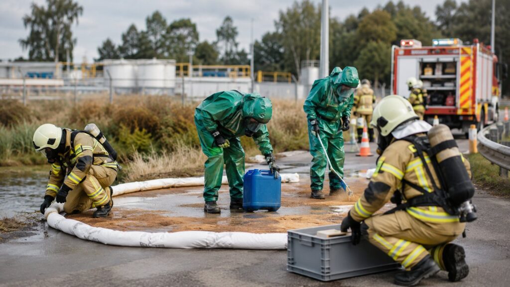 Feuerwehrleute in Chemikalienschutzanzügen sichern mit einer Ölsperre auslaufende Stoffe