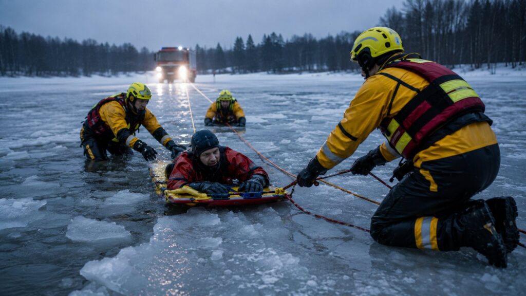 Feuerwehrleute retten eine Person mit einem Rettungsboard von einer Eisfläche