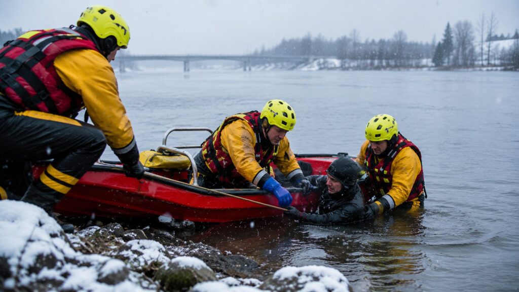 Feuerwehrleute ziehen eine Person aus kaltem Wasser in ein rotes Rettungsboot