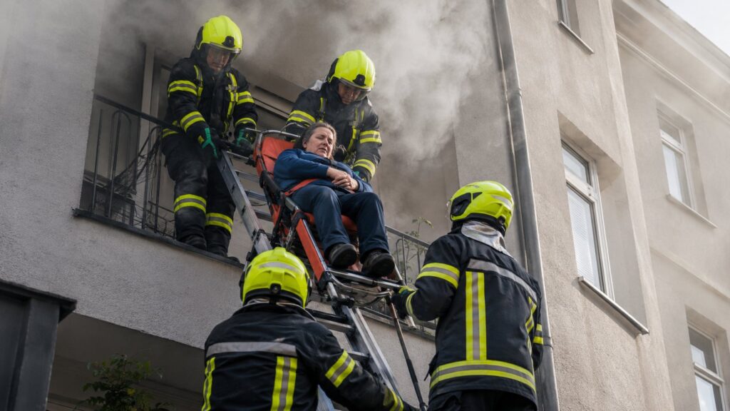 Feuerwehrleute retten eine Person über eine Leiter aus einem verrauchten Gebäude